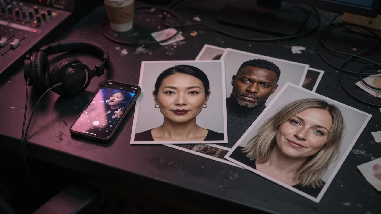 Several clear front-facing portraits on a desk next to headphones and a singing clip