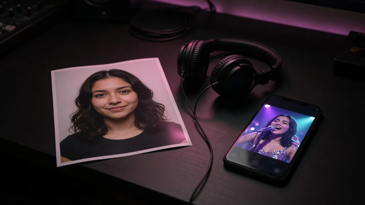 A still portrait photo beside a phone playing the same person singing