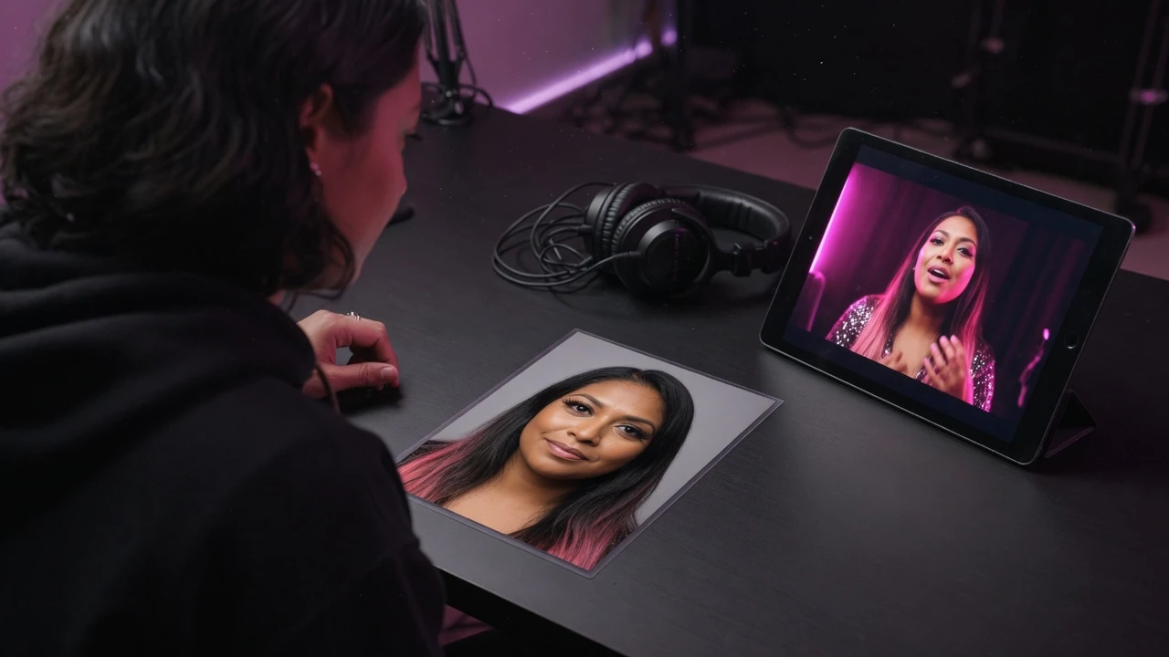 A creator comparing a printed portrait with the singing video on a tablet