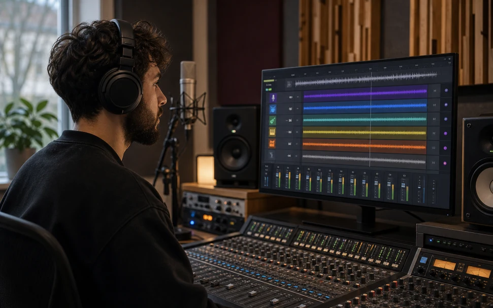 AI stem splitter workspace splitting a song into vocals, drums, bass, guitar, piano, and other stems